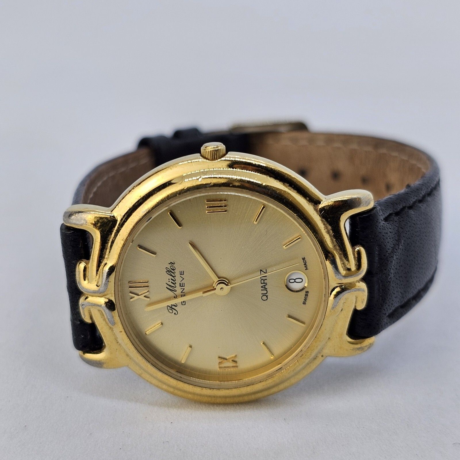 Vtg R Mller Geneve Women's Watch 32mm Gold Dial Black Leather Bands New Battery